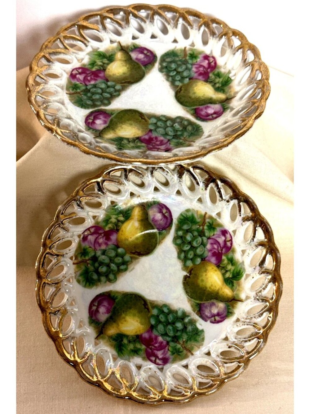 Vintage Fan Crest Saucer Plates Fruit Motif Lusterware Trinket Dish Iridescent